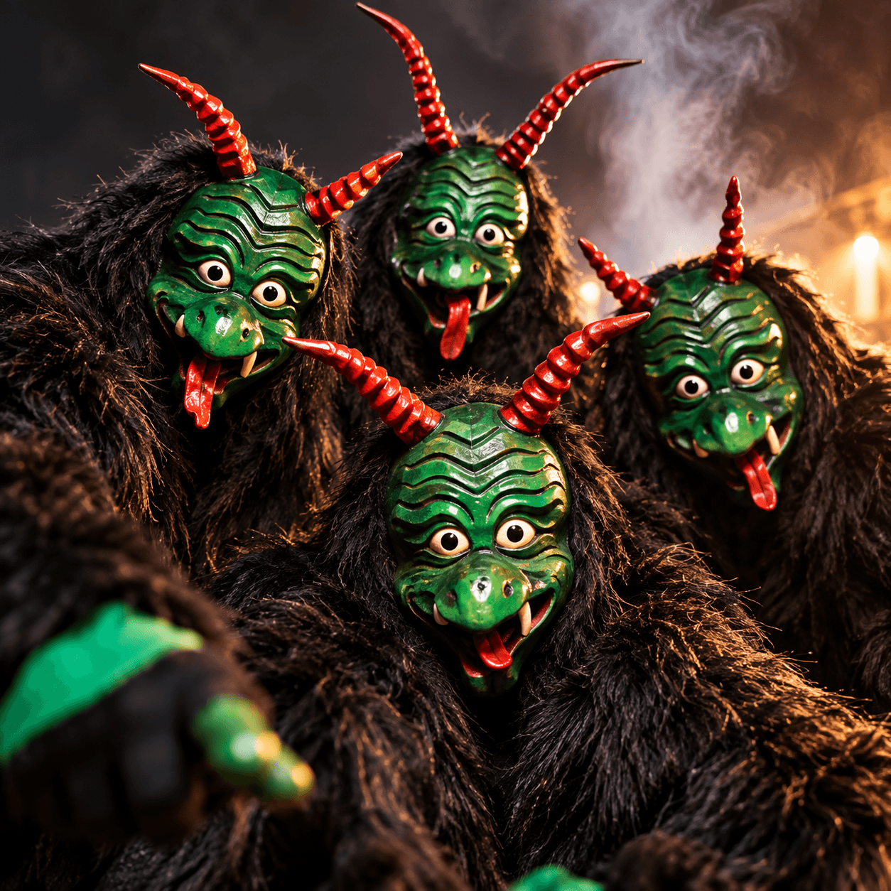 Moorteufel in grünen Masken mit roten Hörnern und dunklen Zottelkostümen.